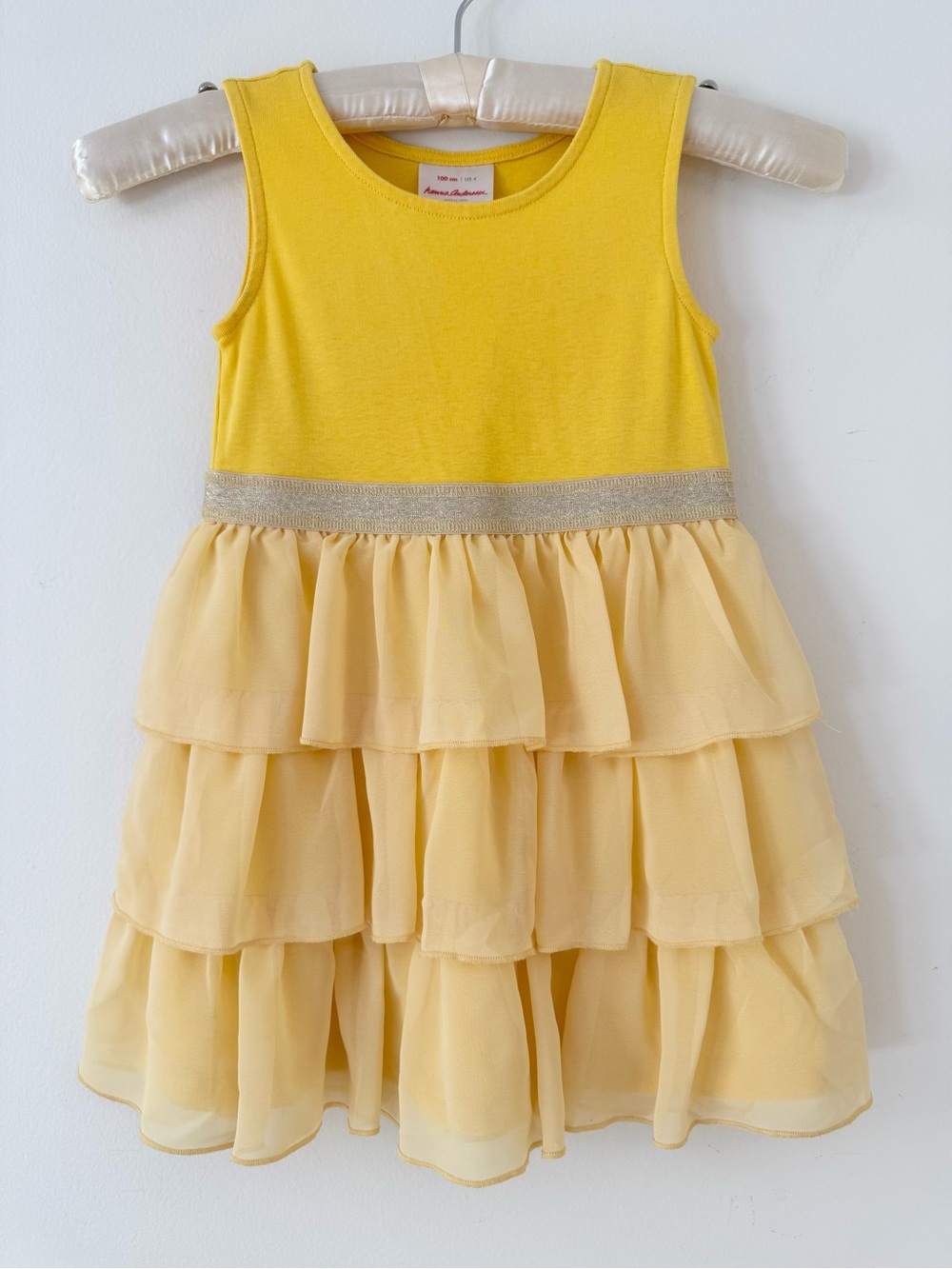 Hanna Andersson Floaty Soft Tiered Ruffle Dress in Swedish Yellow & Gold, Size 4